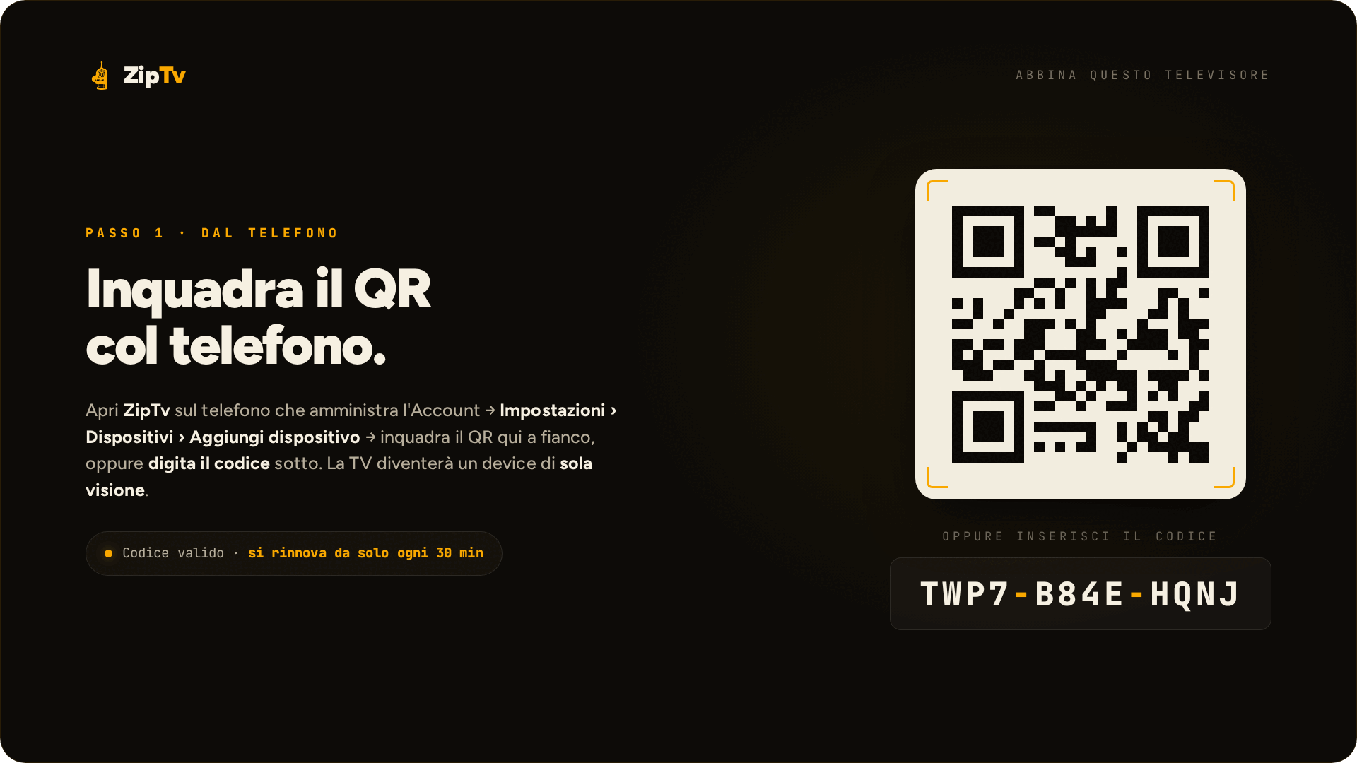 Schermata di associazione TV con QR e codice